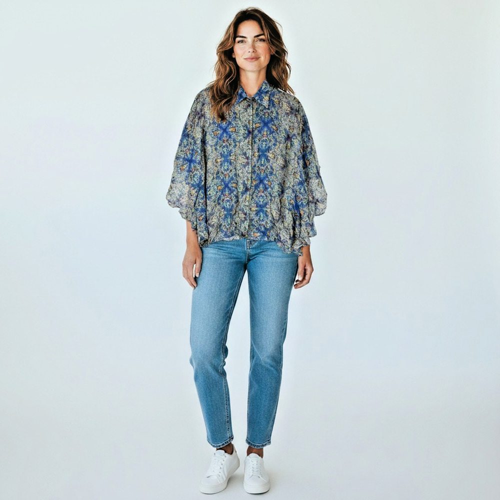 NWT APNY Boutique Mosaic Pattern Blouse Top Large Boho Mixed Print Luxury Tunic